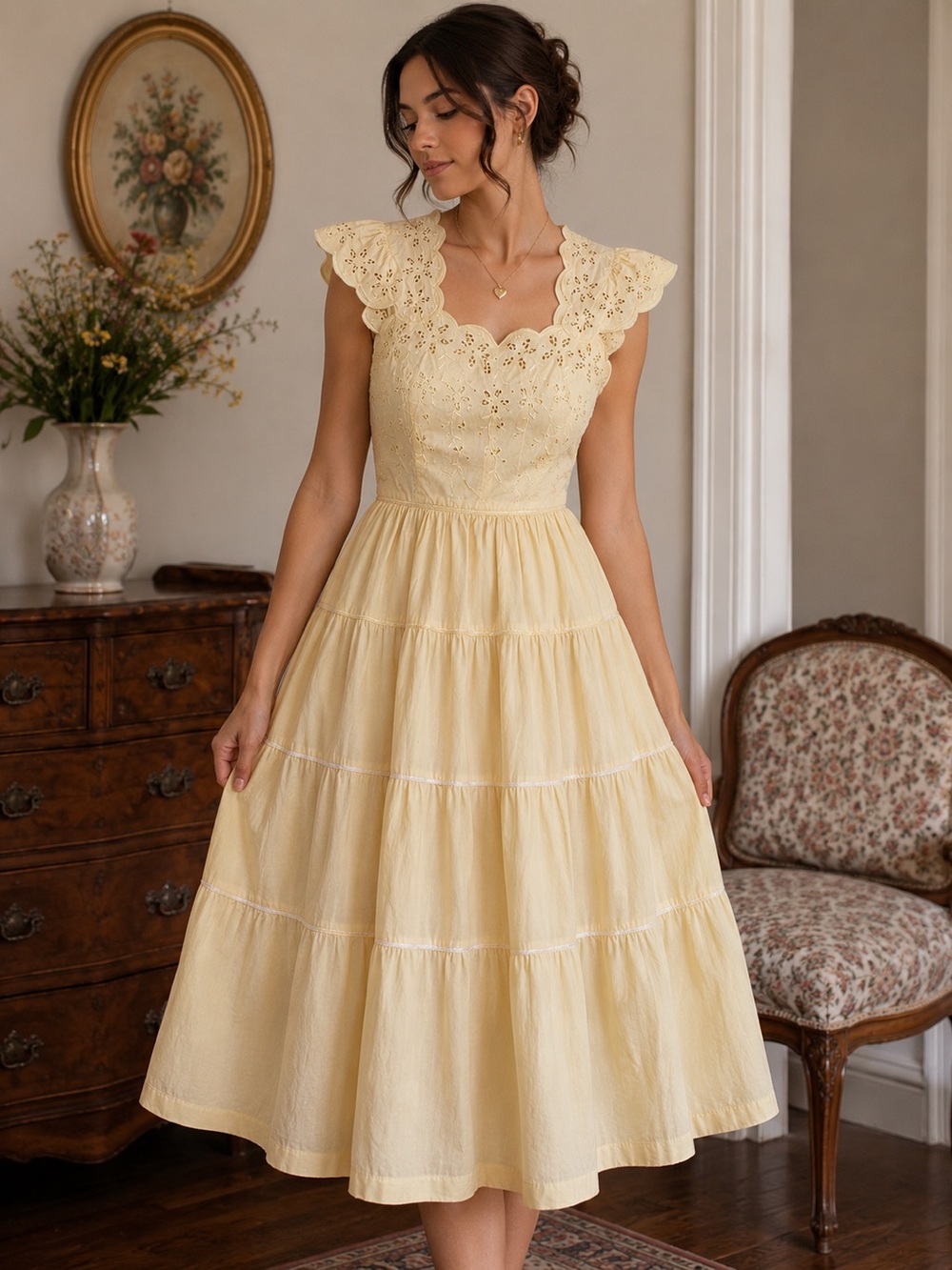 Vintage 1940s Doris Dodson Original Yellow Eyelet Dress Rare Find Cotton Maxi‎